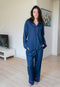Women Summer Pajama Set Dark Blue buttoned shirt + Pants